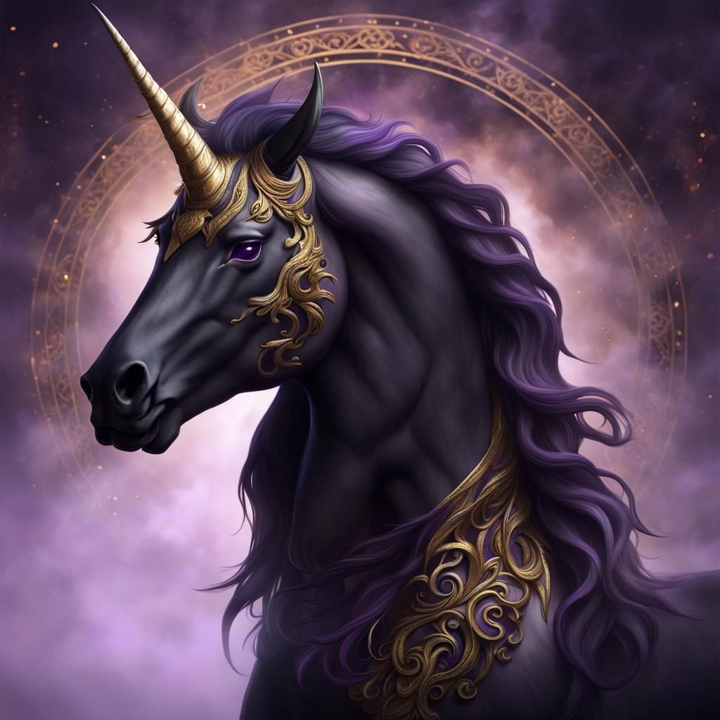 Black Unicorn Portrait with Gold Filigree in Digital Art