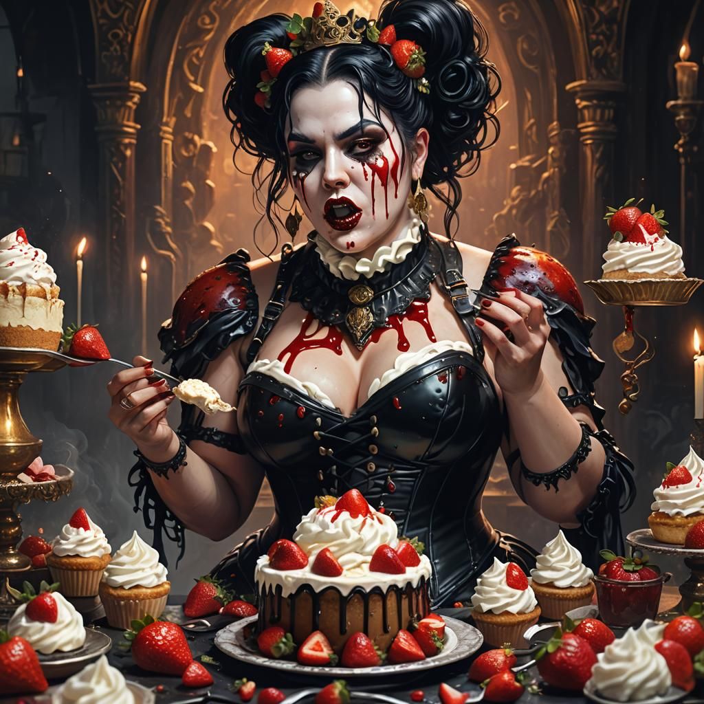Gothic Woman's Cheesecake Indulgence: Dark Fantasy Art