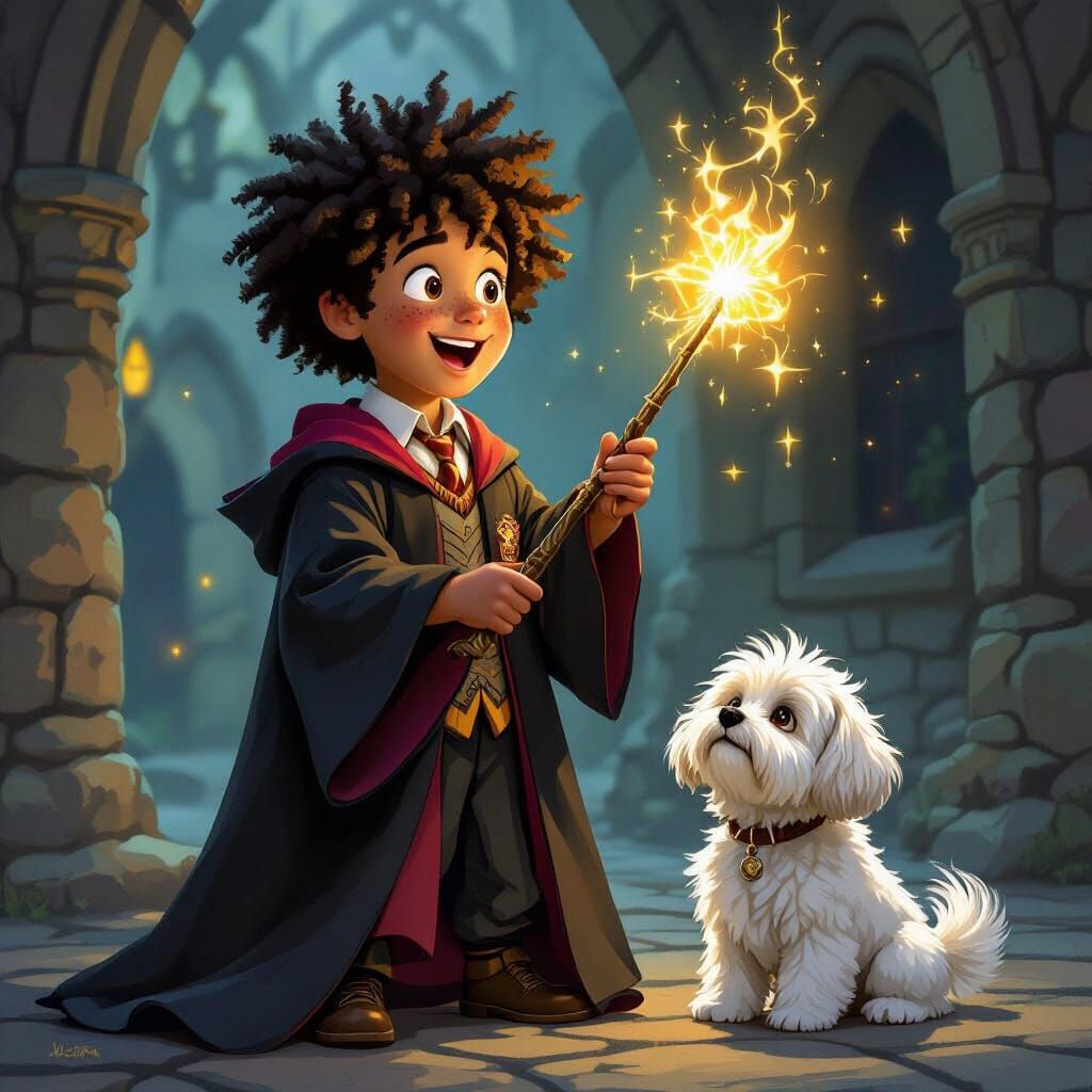 Excited Young Wizard with Fluffy Dog in Fantasy Art Style