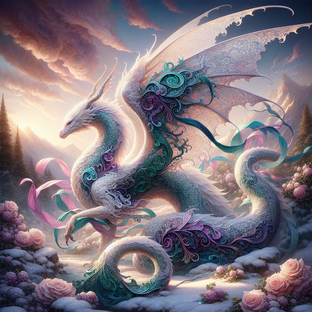 a whimsical drawing of a pearly white dragon with a soft pearly teal and plum lacy paisley pattern, make his large wings...