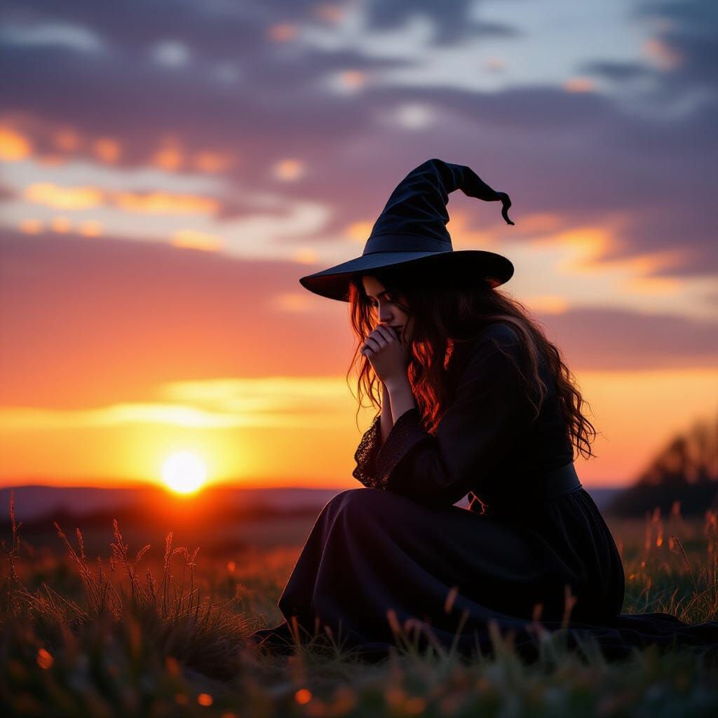 Sad Witch Repenting at Epic Sunset