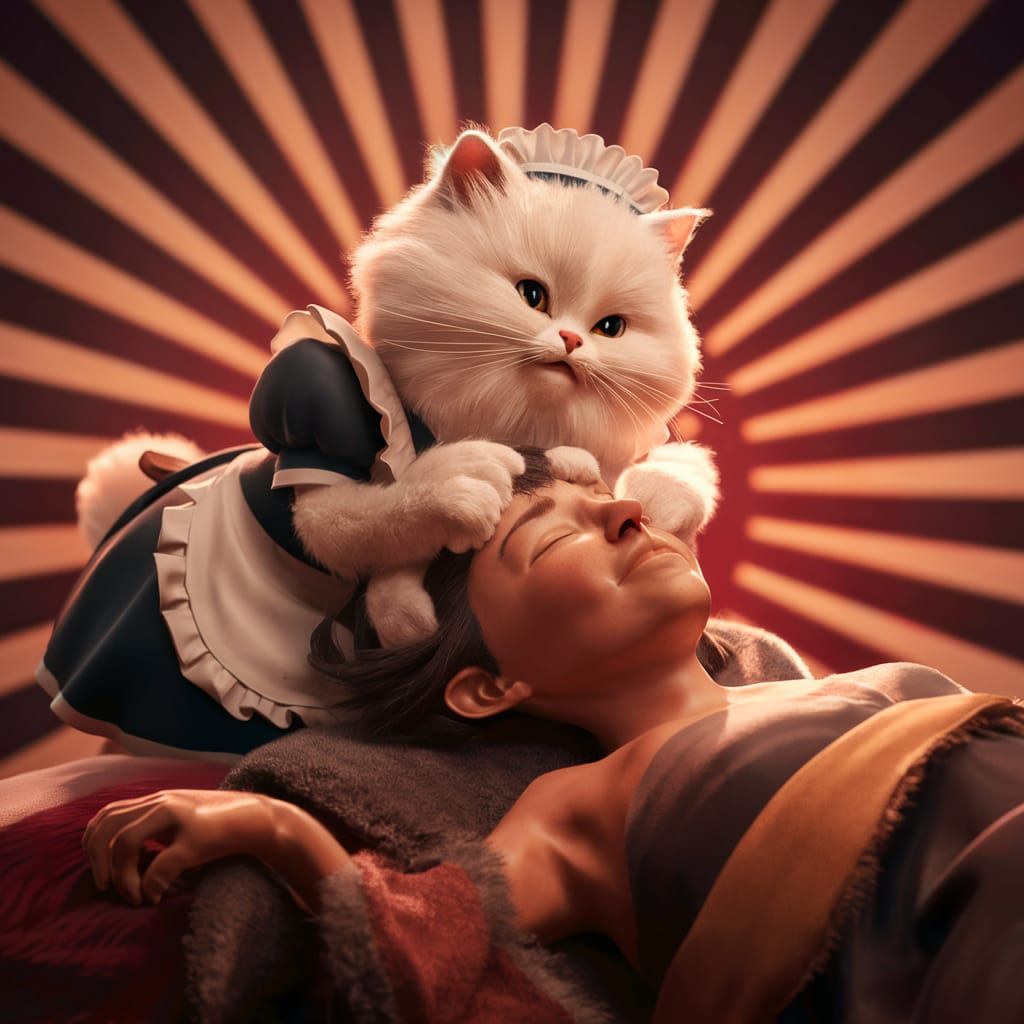Charming 3D Cat Maid Massaging Human Head