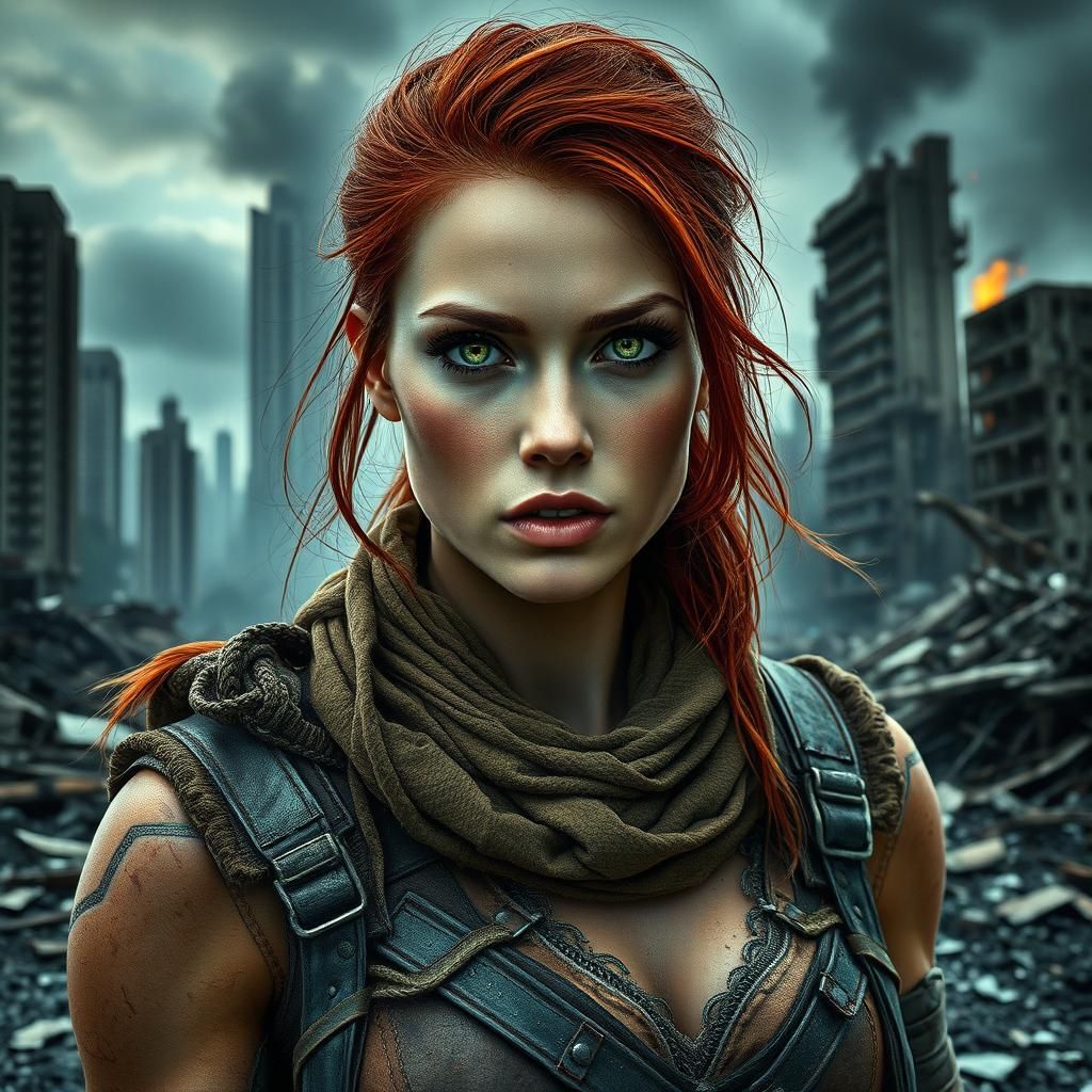 Apocalyptic Woman with Fiery Hair in Dystopian World