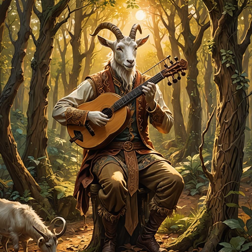 Half-Goat Bard Plays Lyre in Forest