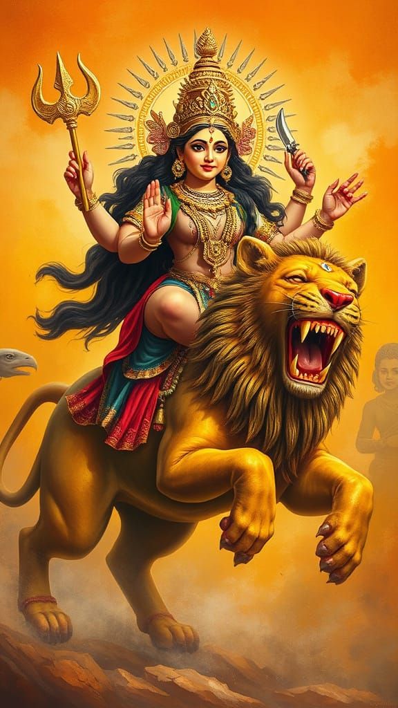 Goddess Durga Battles Mahishasura in Traditional Indian Art