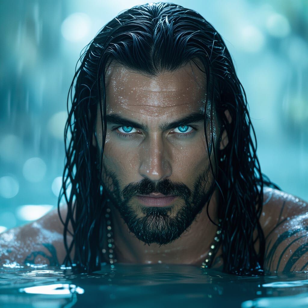 Wise Ancient Male Warrior in Blue and Green Light