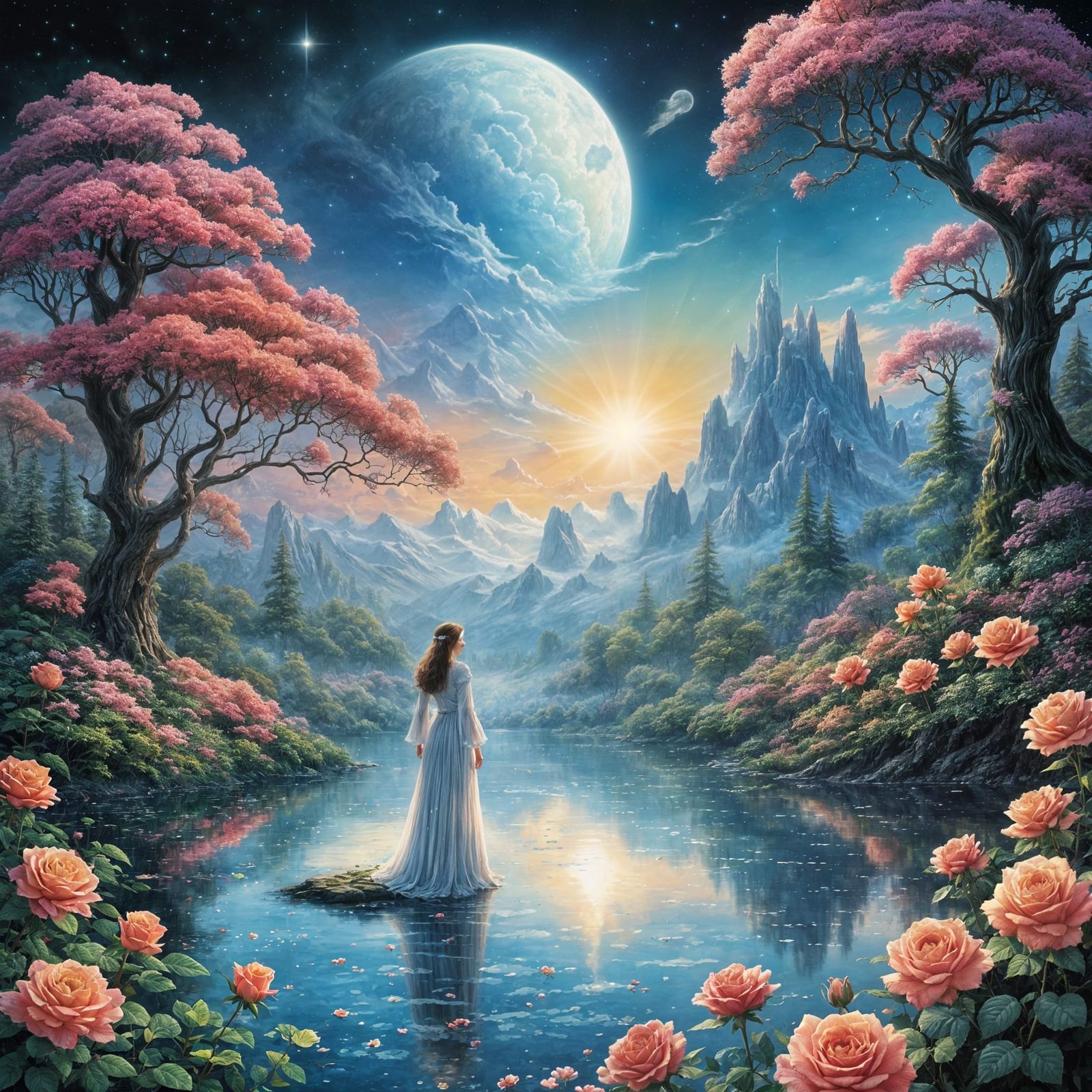 Ethereal Fantasy Lake Scene with Brightly Colored Flowers an...