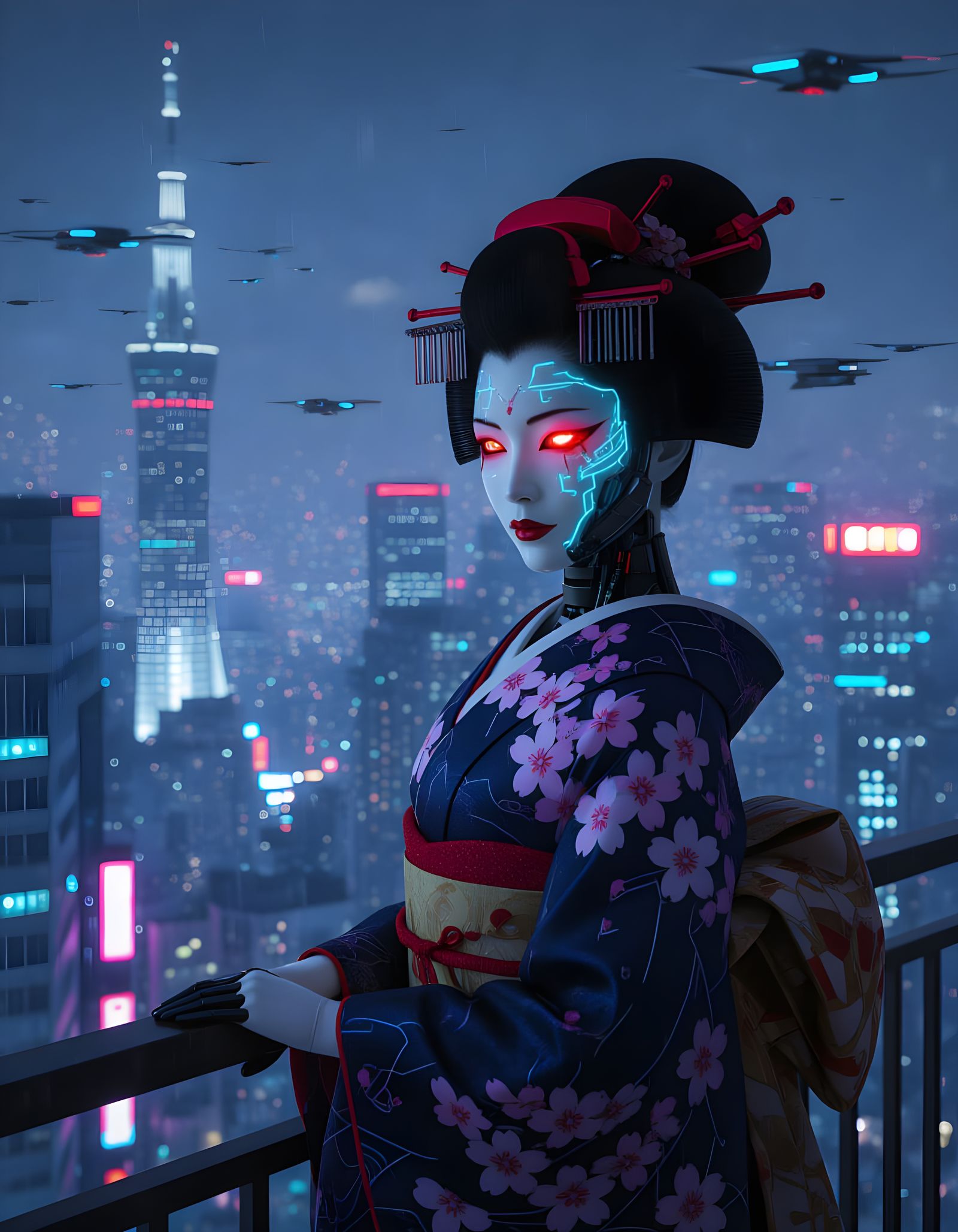 Cyborg Geisha on Futuristic Tokyo Balcony