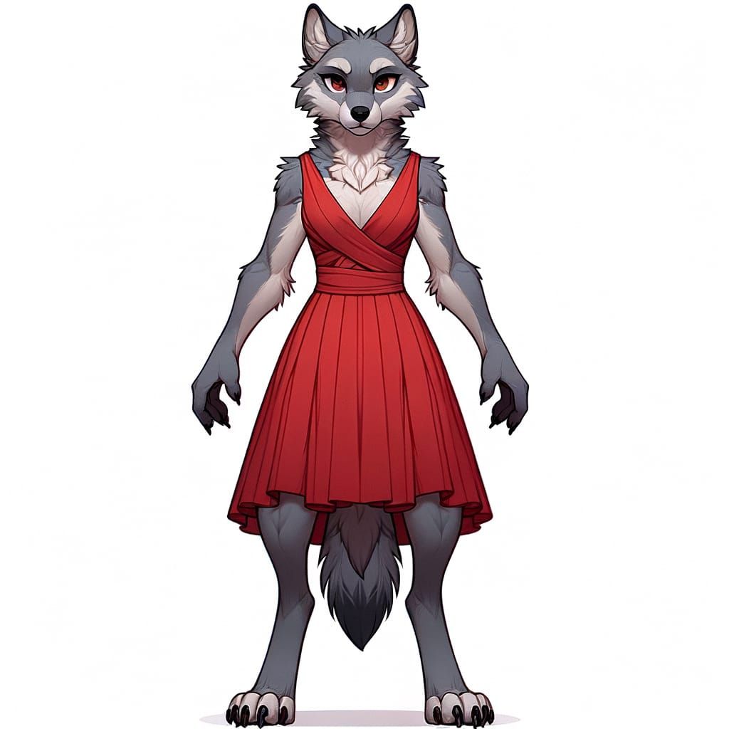 Anthropomorphic Grey Wolf in Elegant Red Attire