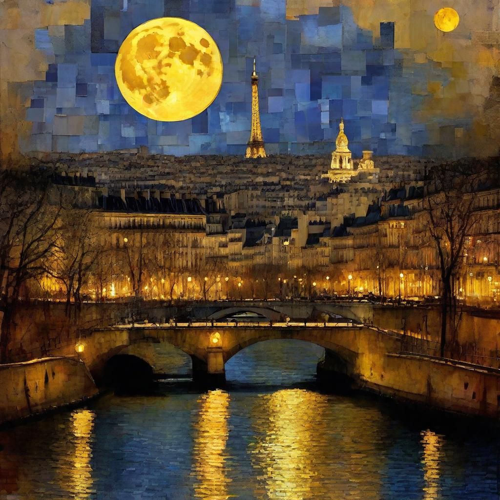 Paris Scene with Full Moon in Impasto Style