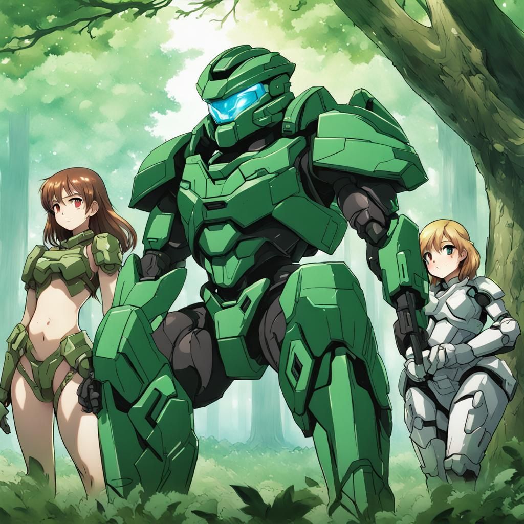 Crystal Golem Spartan in Anime Style Forest
