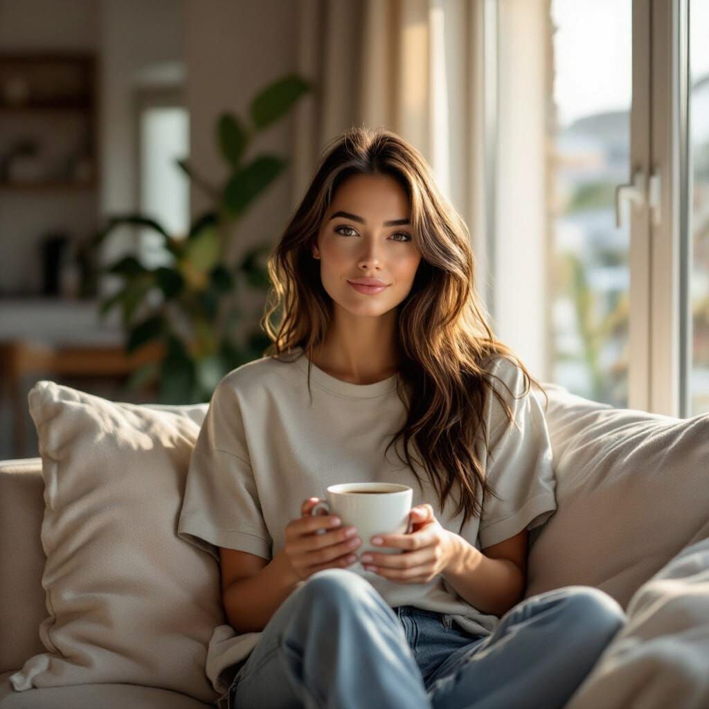 Cozy Morning: Woman with Coffee in Modern Apartment