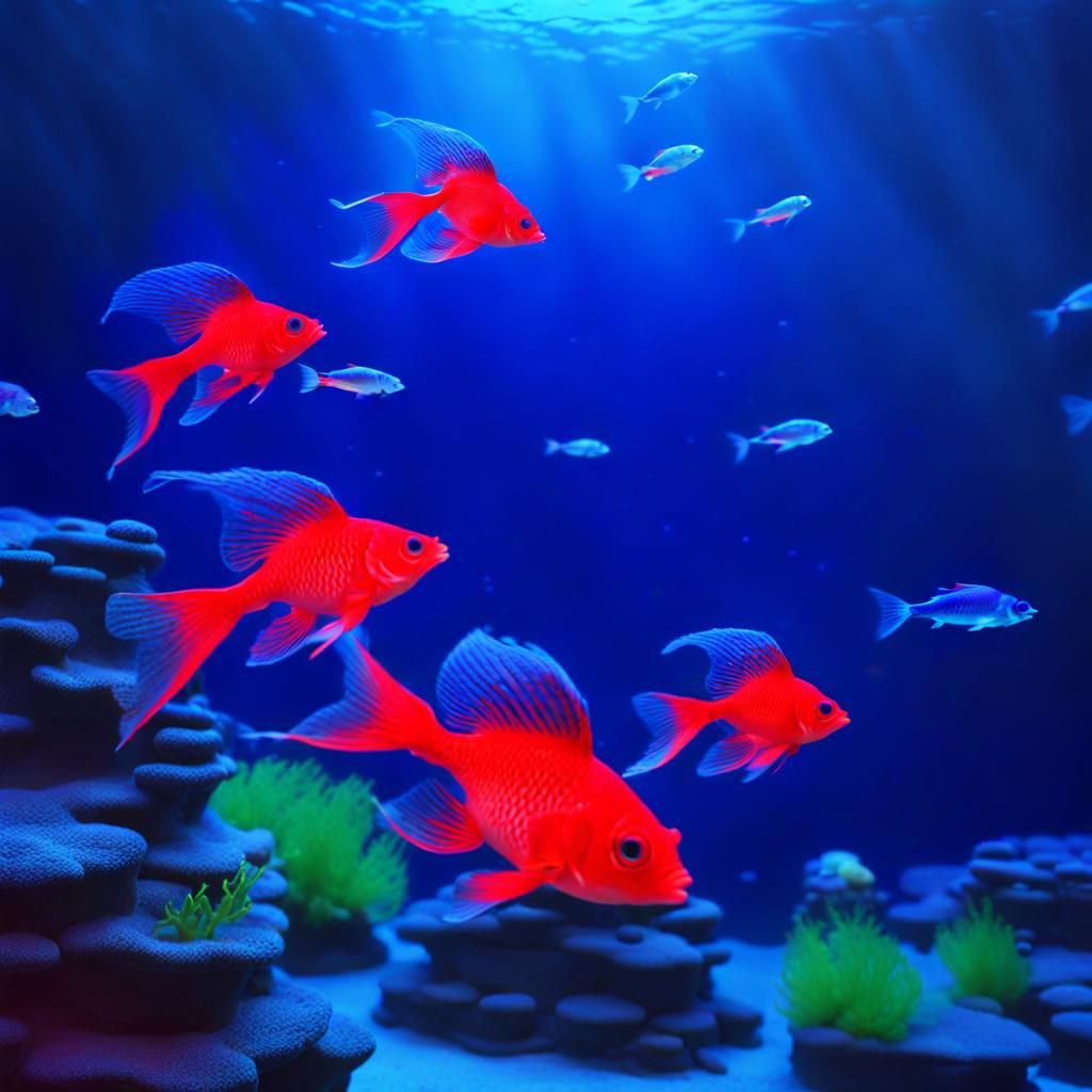 Luminous Fish in Underwater Red and Blue Glow