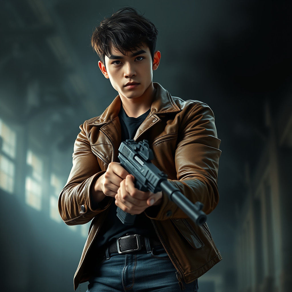 Asian Man Holding Gun in Dramatic Digital Painting