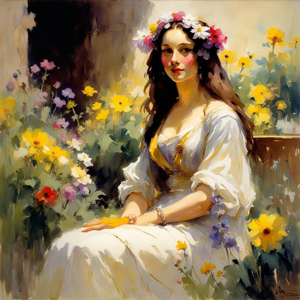 Mona Lisa in Floral Post-Impressionism Watercolor