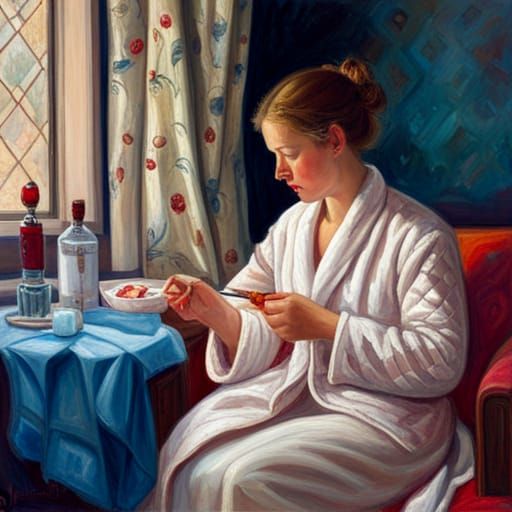 Teenage Girl in Satin Dressing Gown as Oil Painting