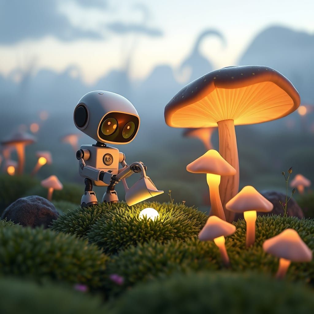 Robot Gardener in a Glowing Mushroom Garden
