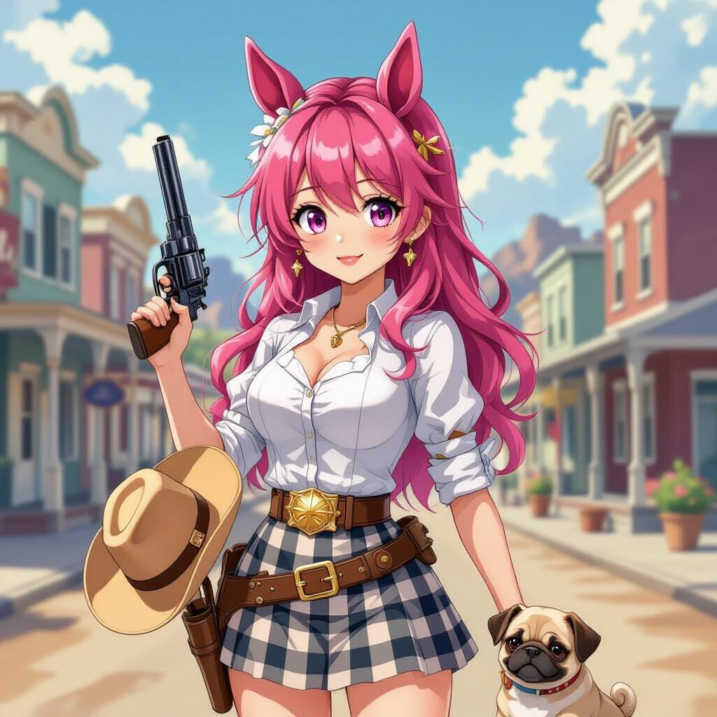 Anime Cowgirl with Horse Ears and Pug Puppy