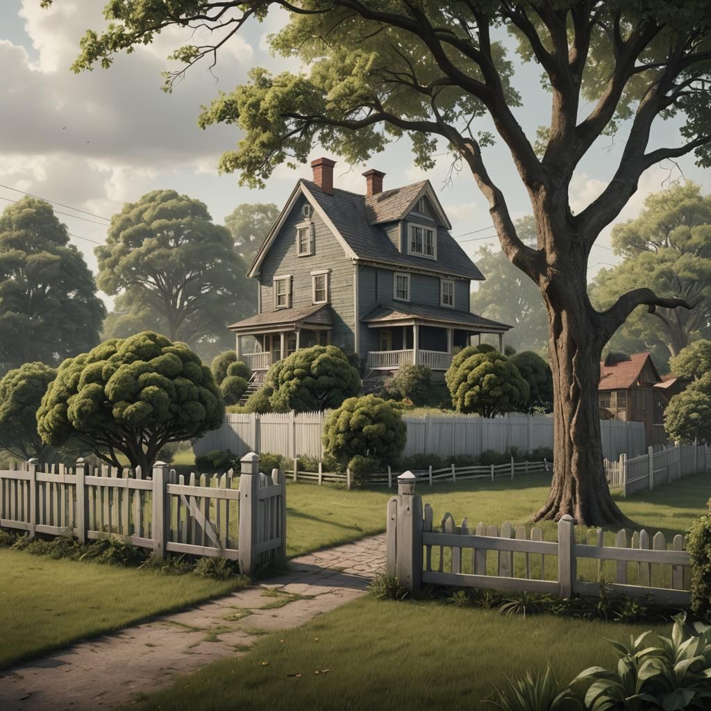 A little house with a little fence around the yard with a li...