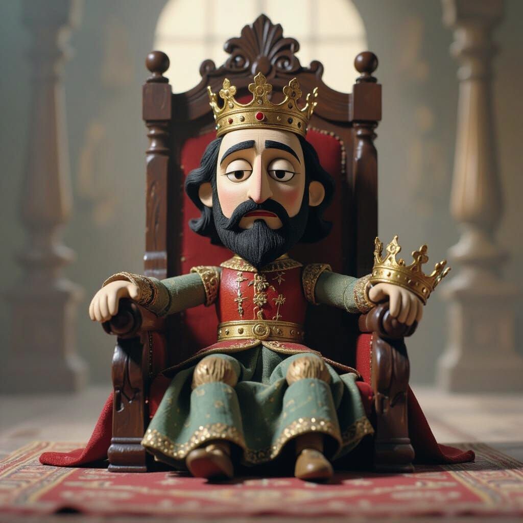 Wooden Puppet King on Throne with Fallen Crown