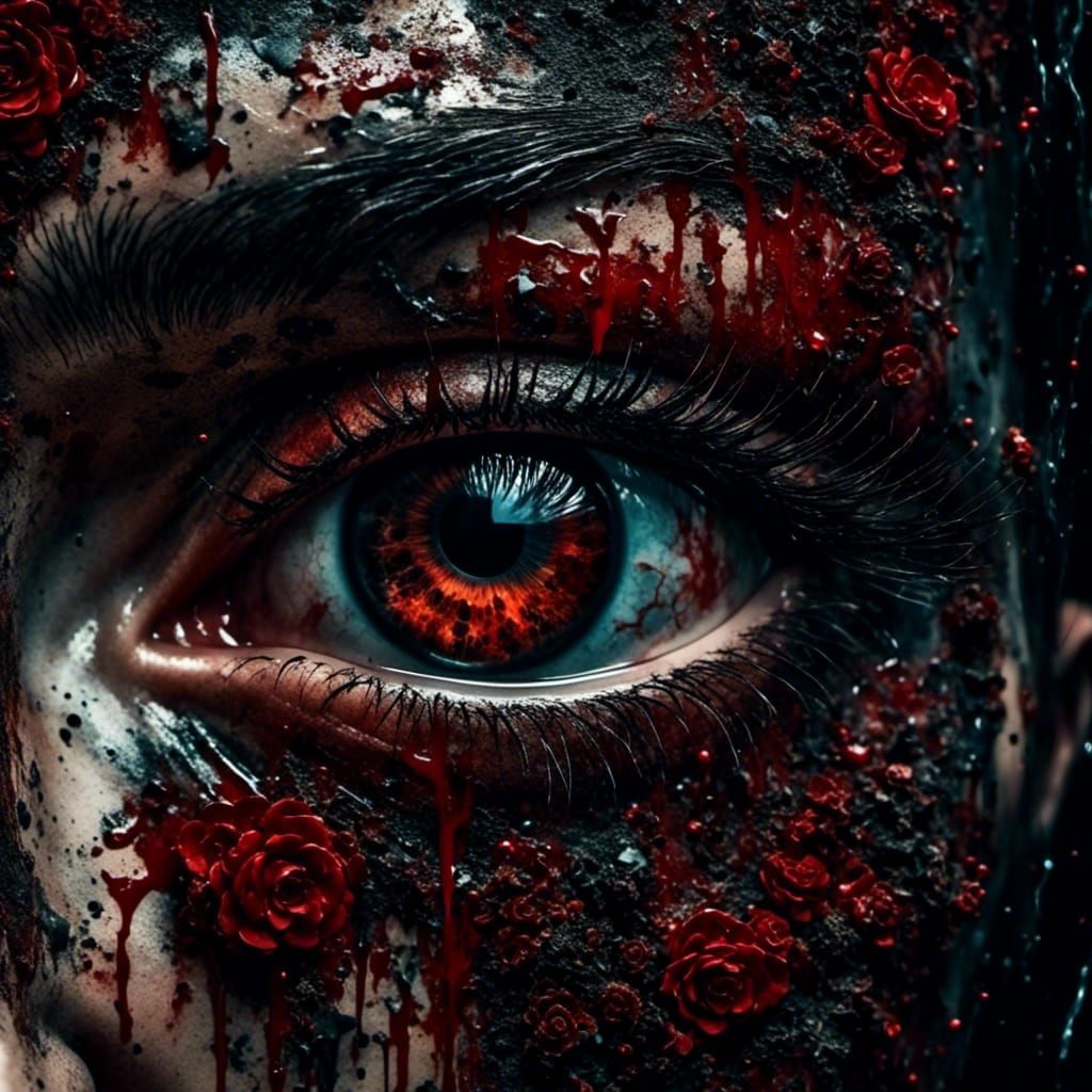 Bloody Eye with Floral Elements in Watercolor Pastel