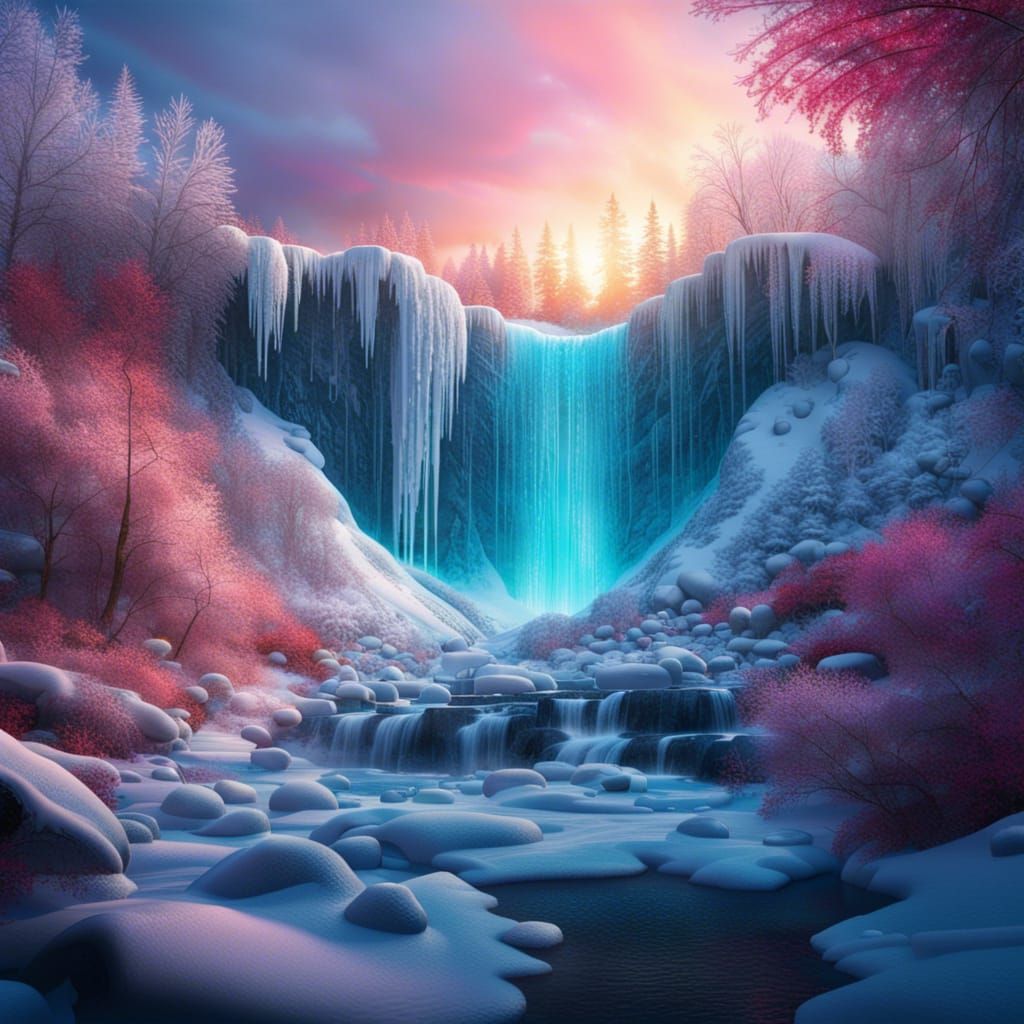 Frozen Waterfall in Winter Forest at Sunset