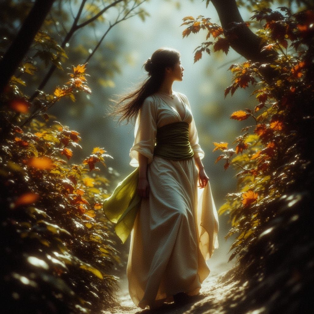 Woman in Surreal Garden, Folk Art Nouveau Style