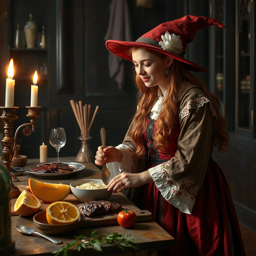 Young Witch Prepares Magical Food in Old Russian Setting