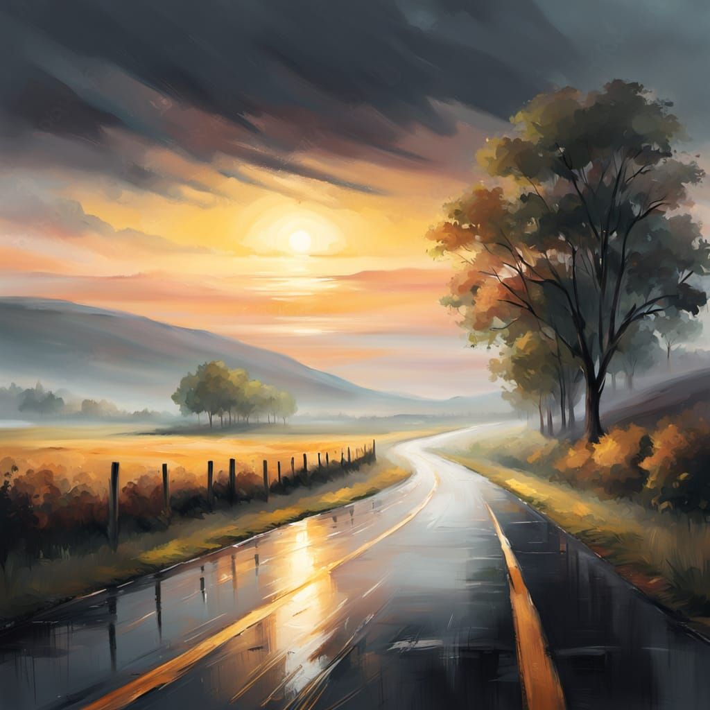Serene Morning Landscape with Wet Asphalt Road