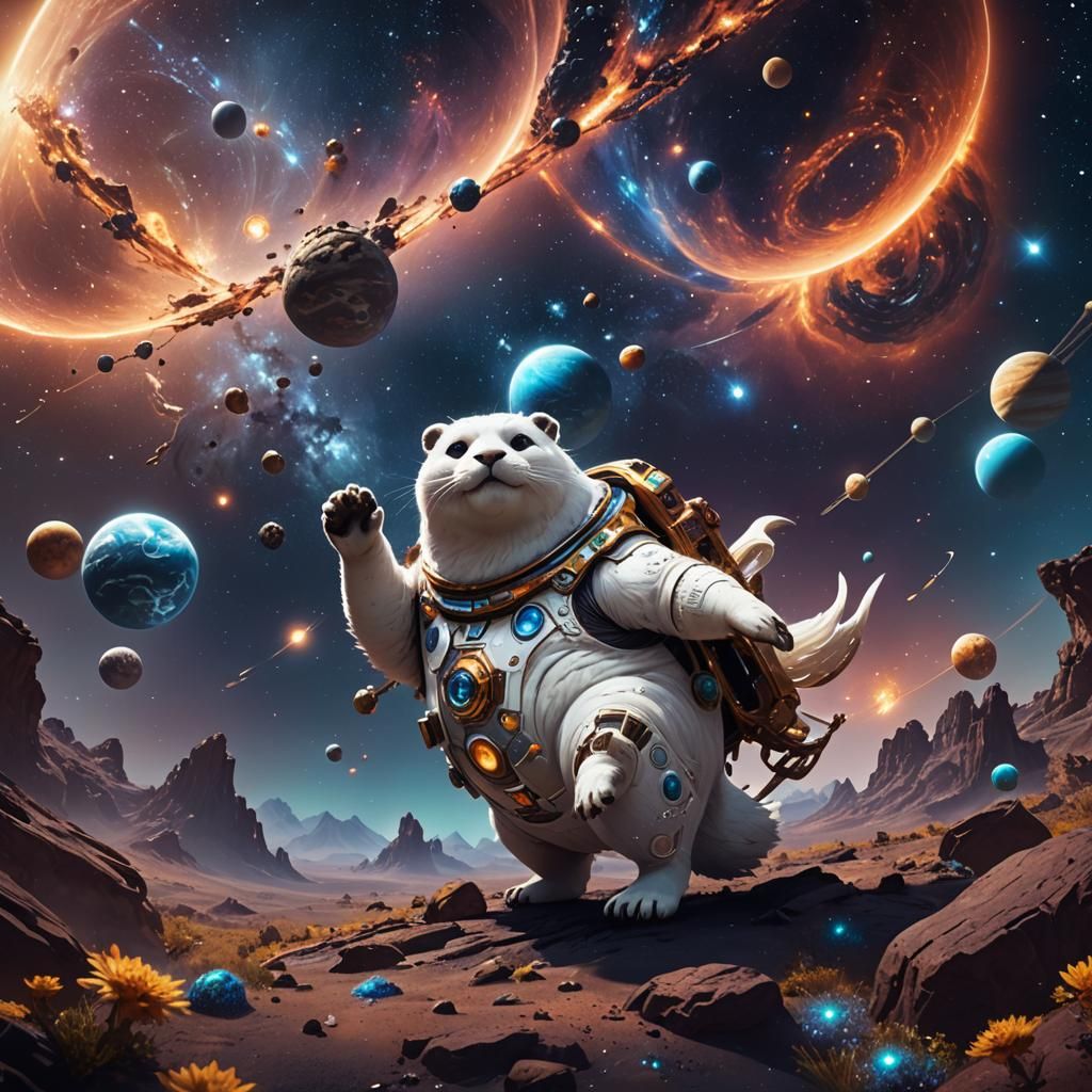 Chubby Seal Floating in Cosmic Space: Detailed Digital Paint...