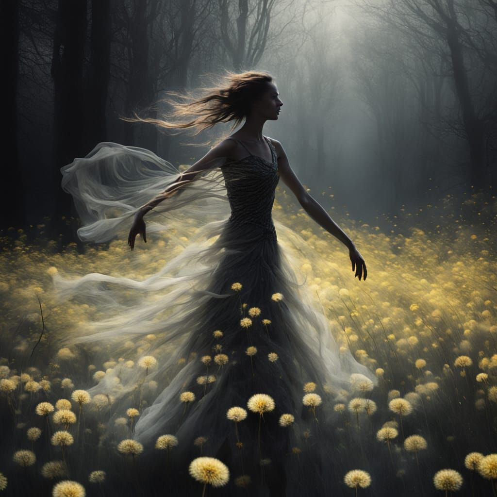 Surreal Dancer in Dandelion Dress with Chiaroscuro Lighting