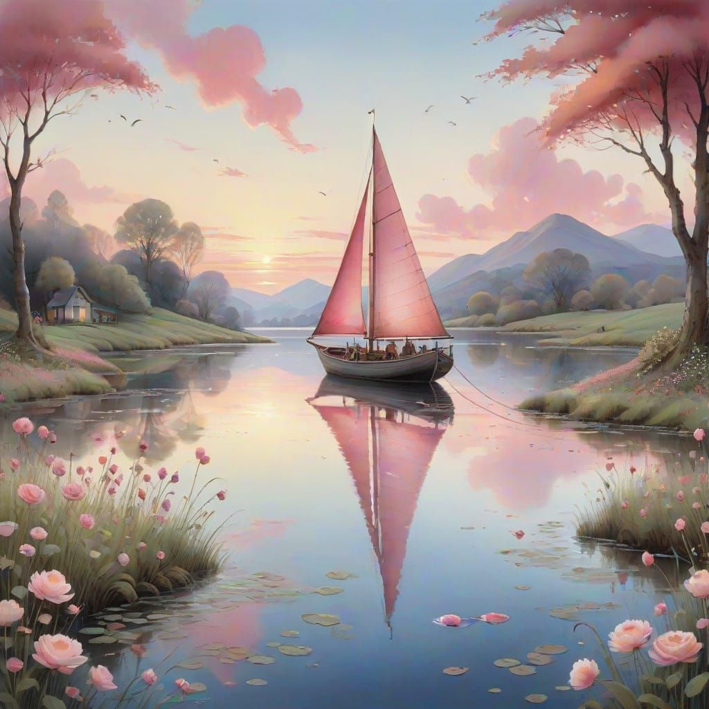 Majestic Sailboat Sails Across Rose-Tinted Lake in Soft Pink...