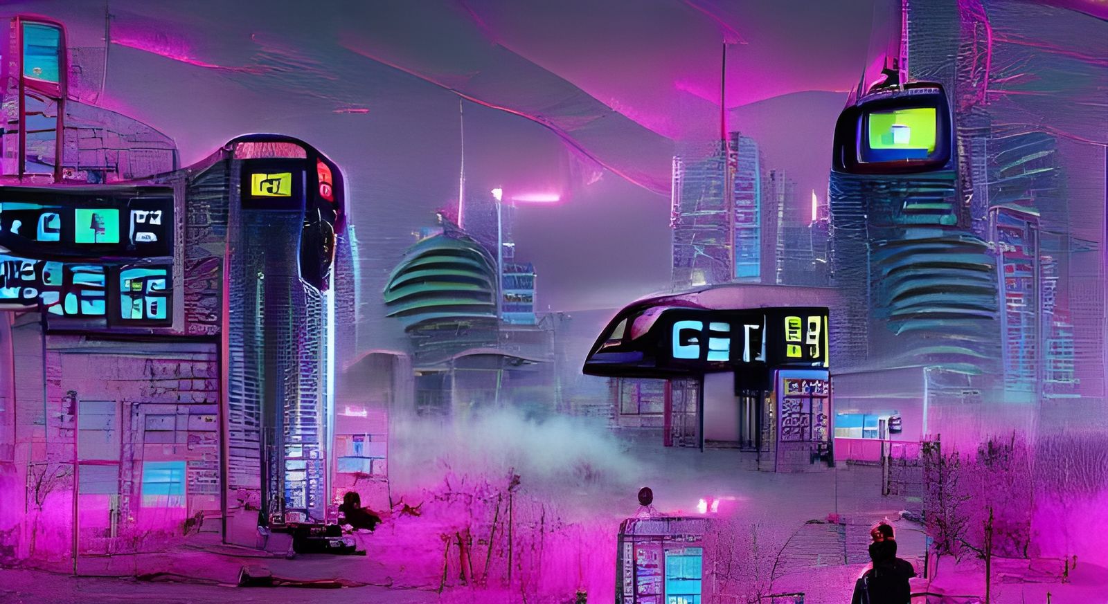 Cyberpunk Gas Station in Neo-Futurist Style