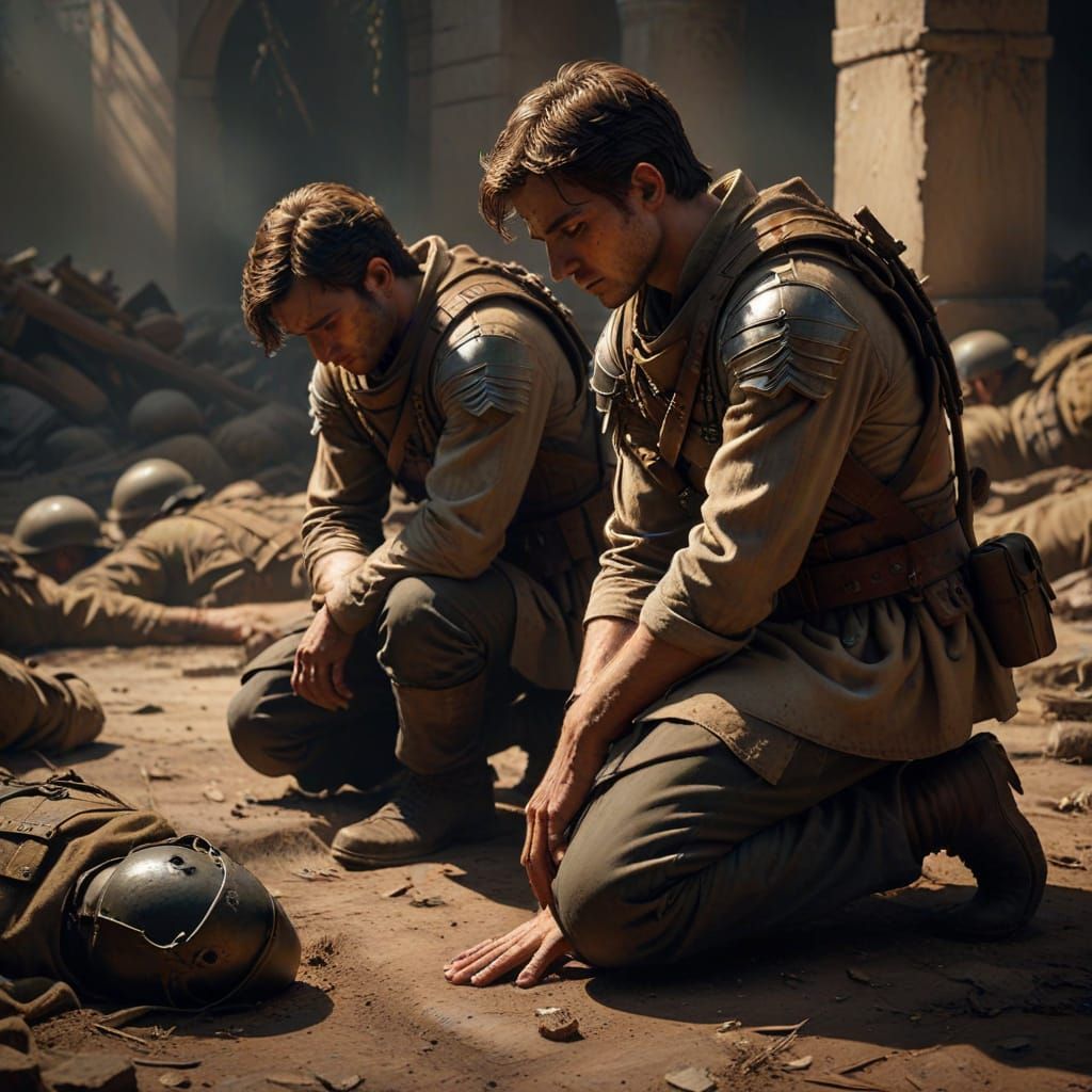 Grief-Stricken Soldier in Semi-Realistic Digital Painting