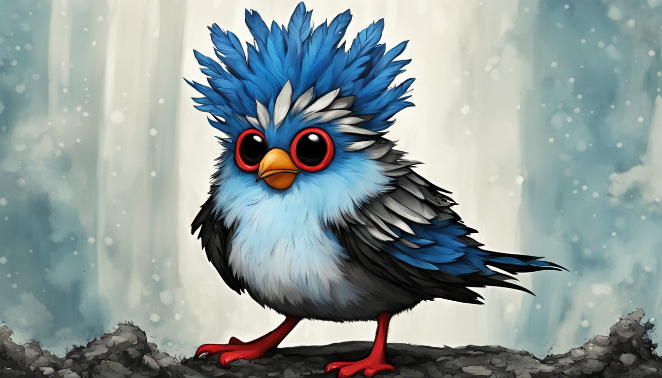 Chibi Gothic Punk Bird with Bright Blue Mohawk