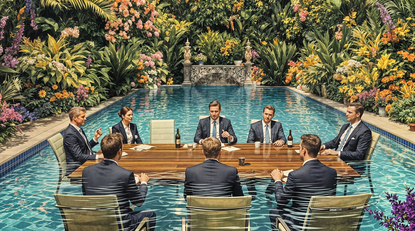 Swimmers in a Boardroom Underwater Scene