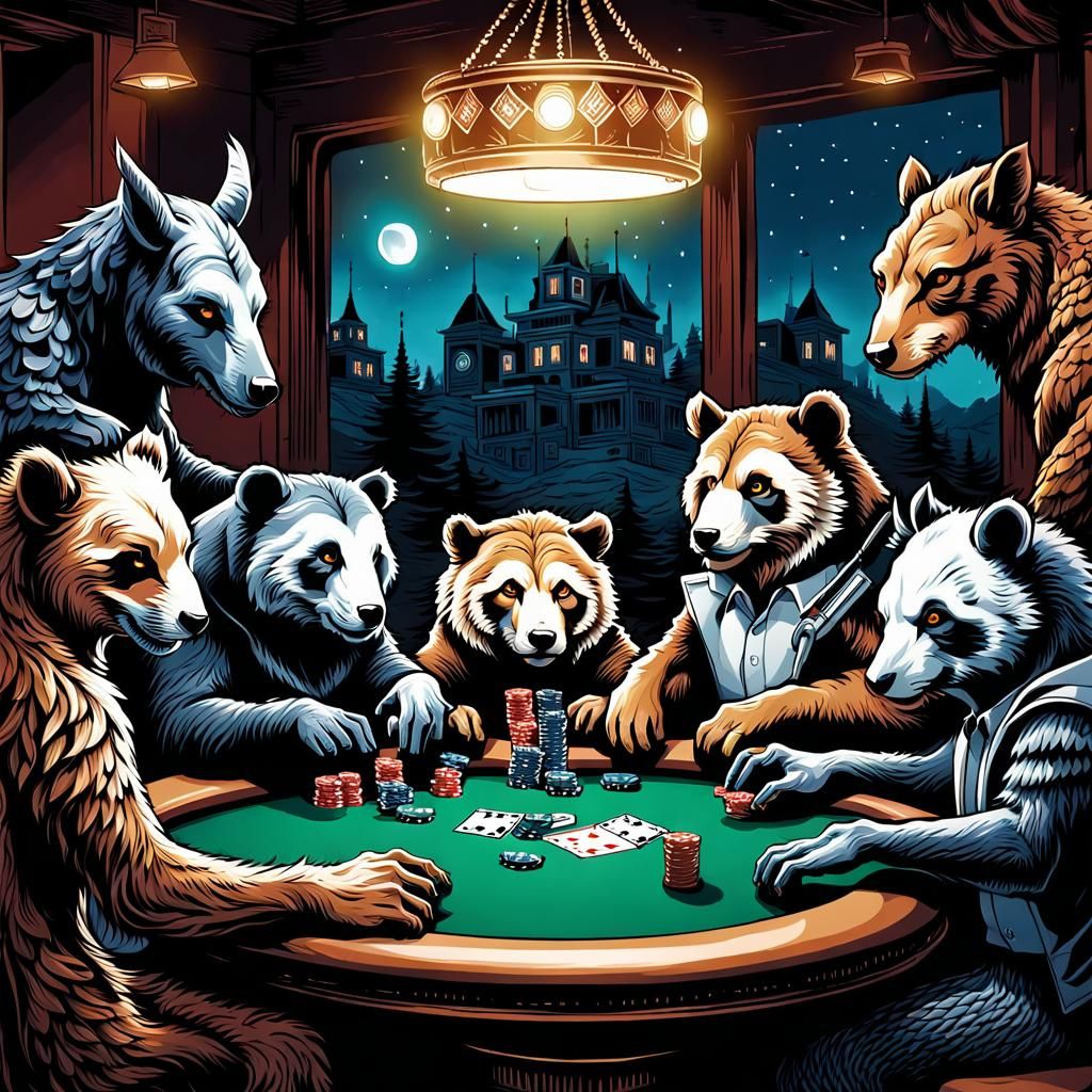 Humanoid Animals Playing Poker in Digital Ink Art