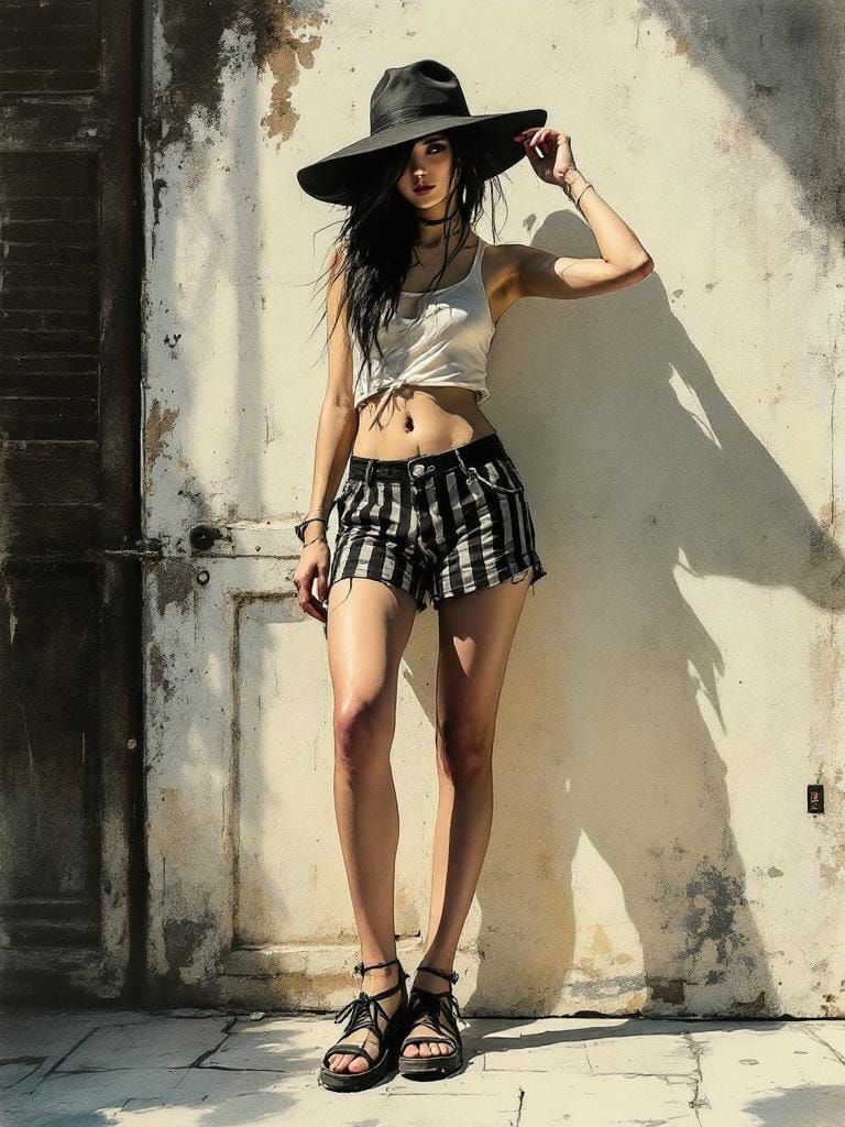 Woman in Striped Shorts: Atmospheric Watercolor Portrait