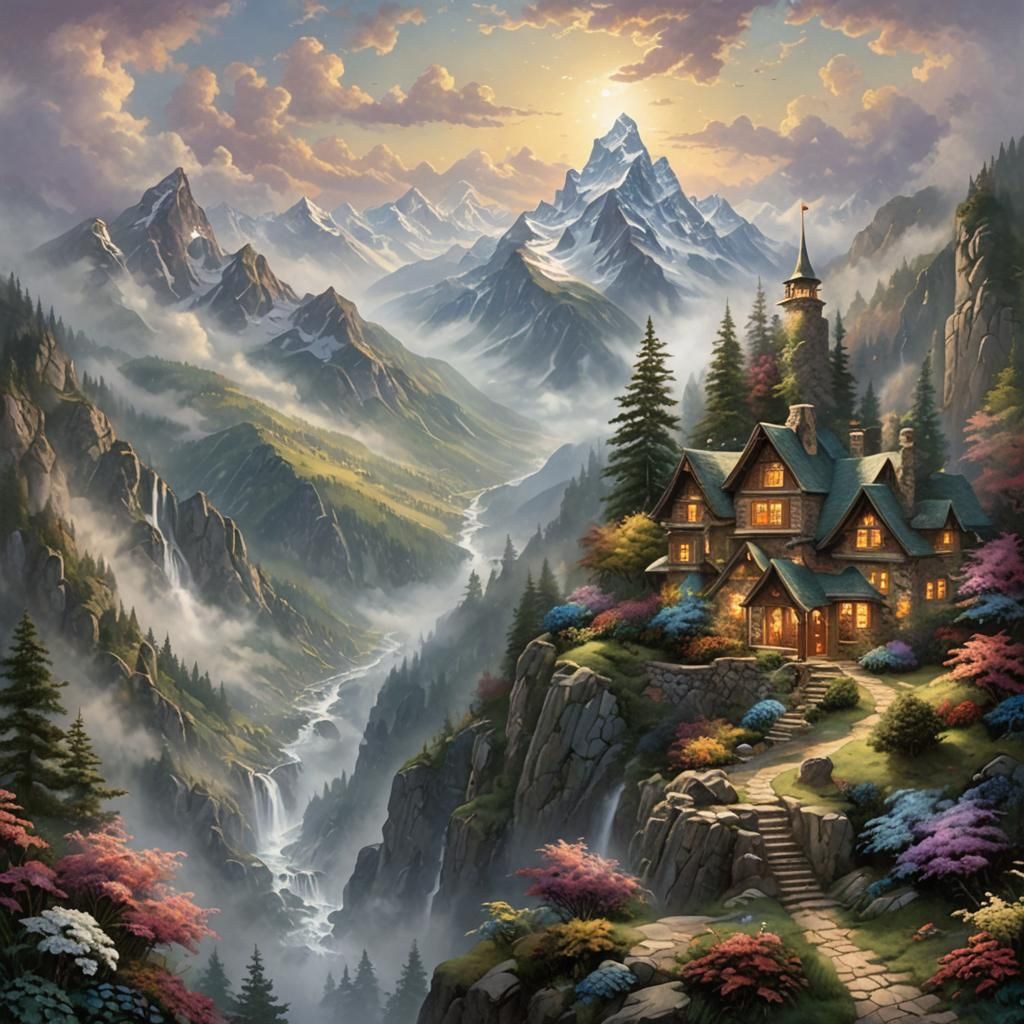 Ethereal Mountain Peaks in Fantasy Landscape