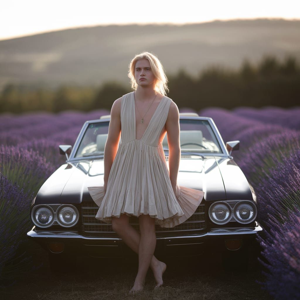 Cross-Dressed Man Poses on Classic Car in Lavender Field