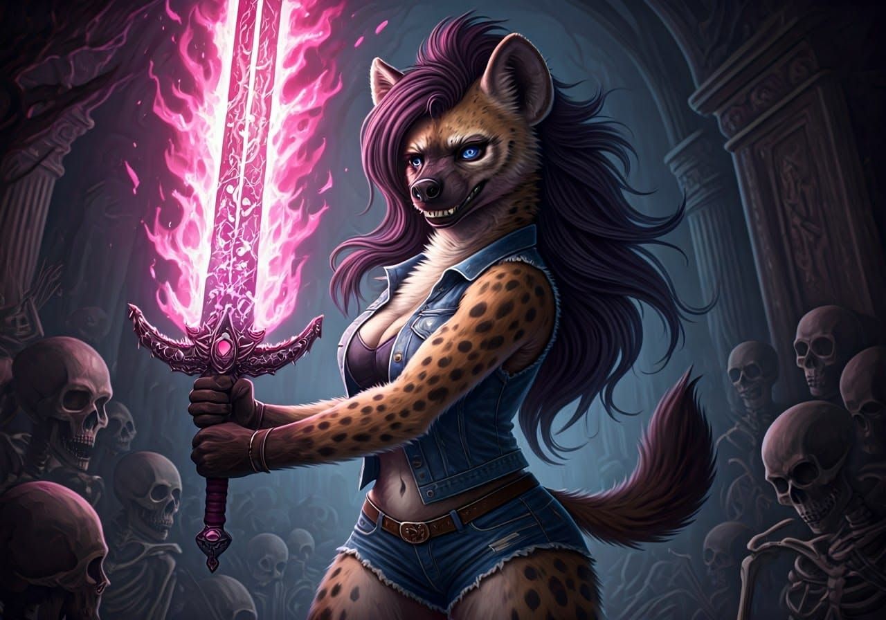 Hyena Warrior with Flaming Sword in Maximalist Style