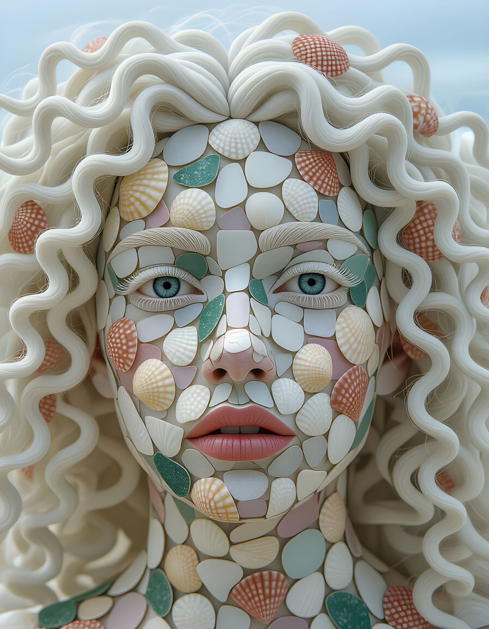 Albino Woman Face as Jigsaw Puzzle of Shells and Sea Glass