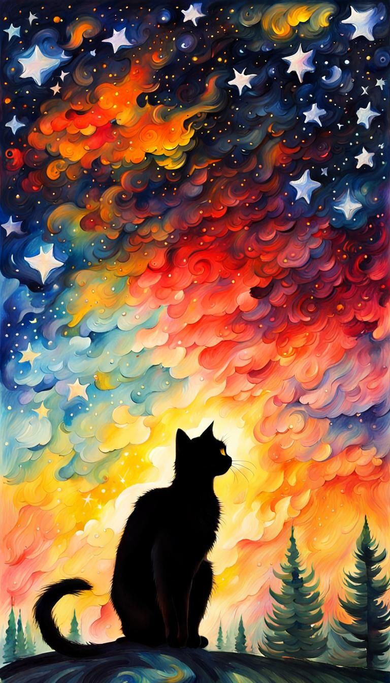 Colorful Starry Night Cat in Gouache Style