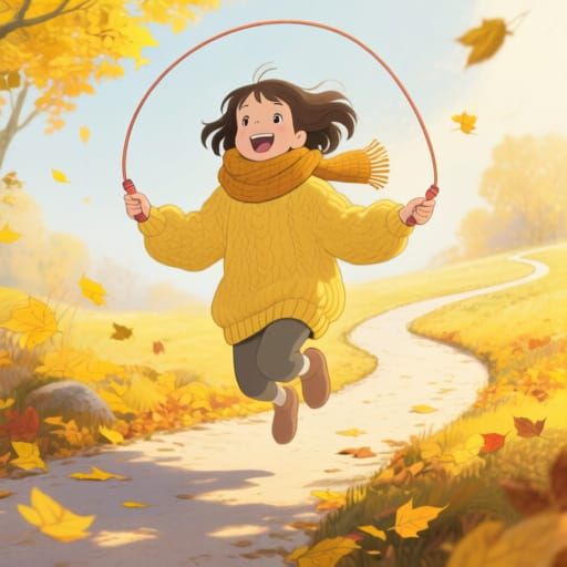 Joyful Girl in Yellow Sweater Amidst Autumn Leaves