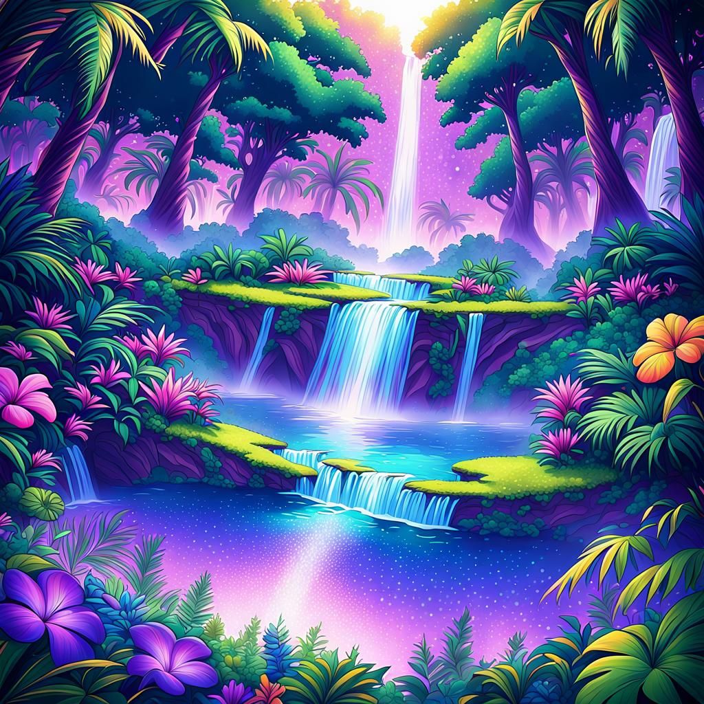 Purple Waterfall on Floating Island in Anime Style