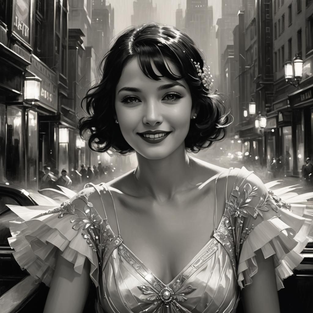 Monochrome Art Deco Portrait of Smiling Woman