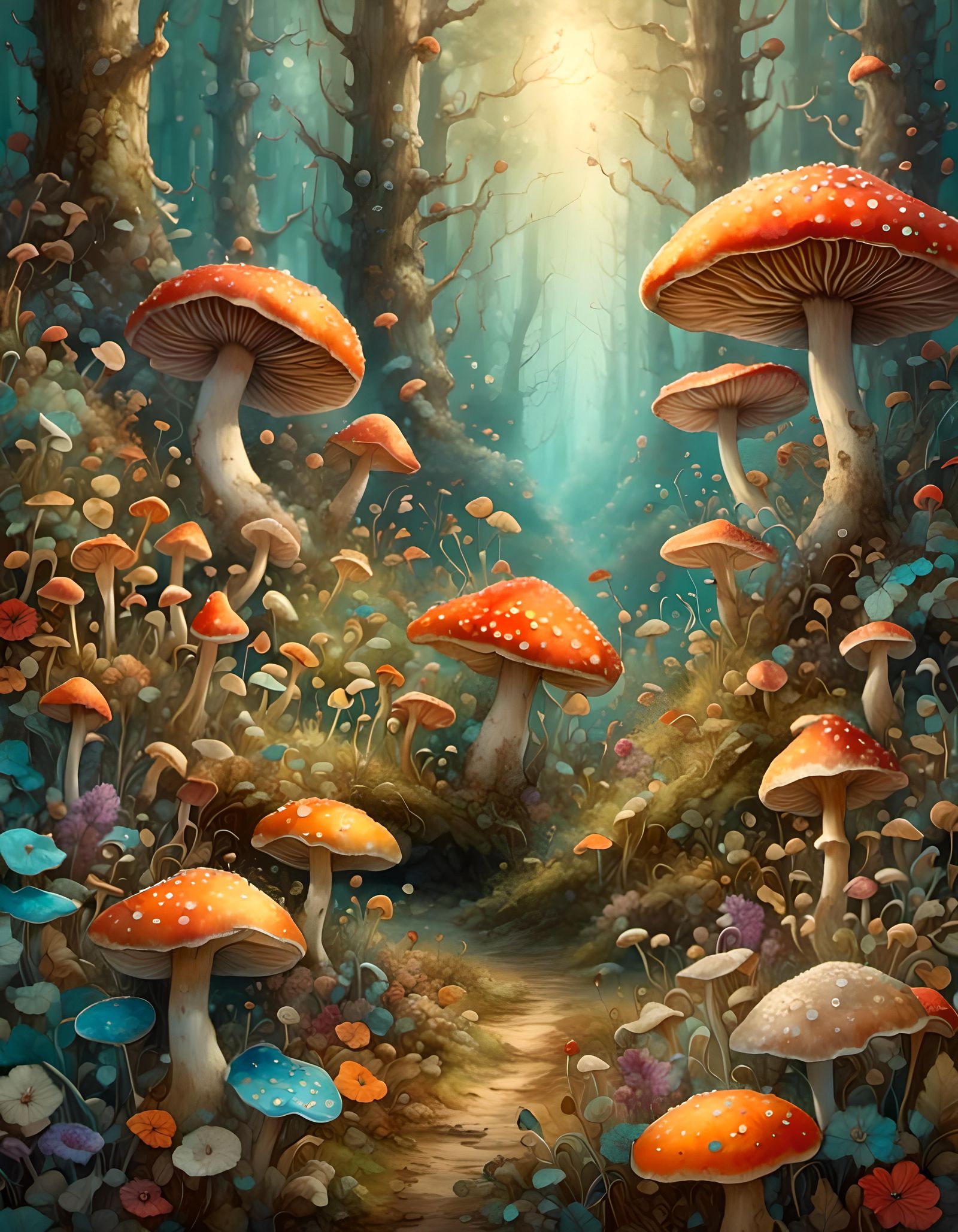 <lora:Flighty:1.3>a wide variety of funghi in a forest environment