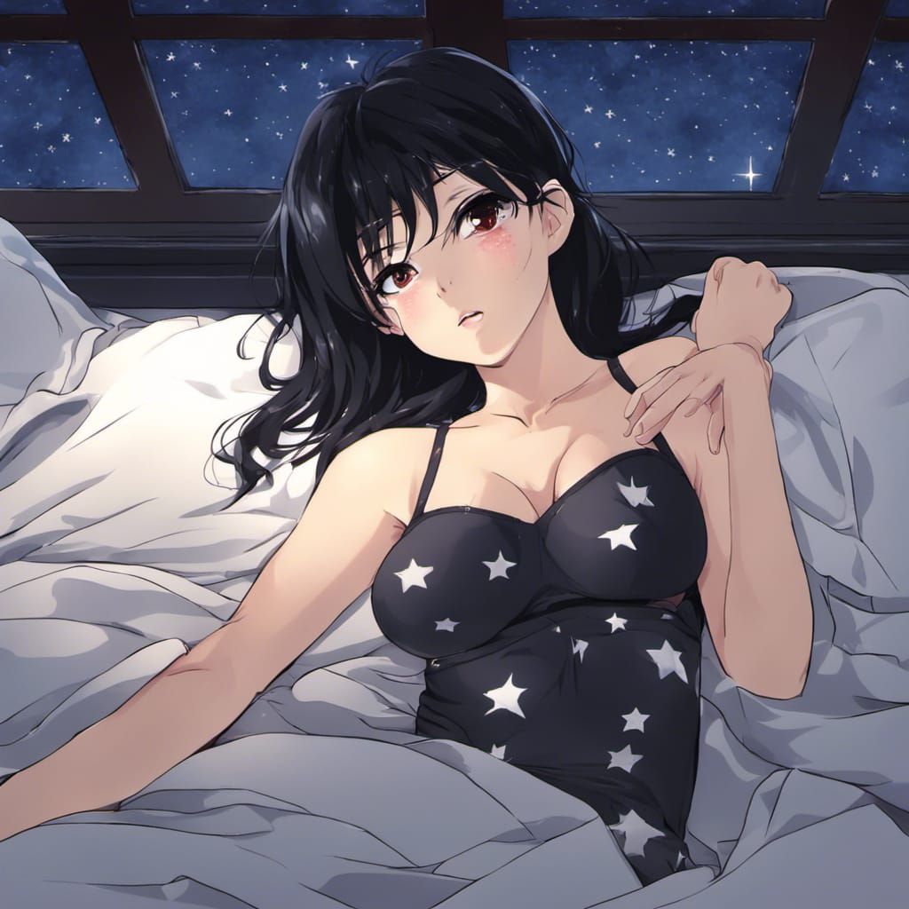 Black-Haired Woman in Starry Underwear, Anime Art