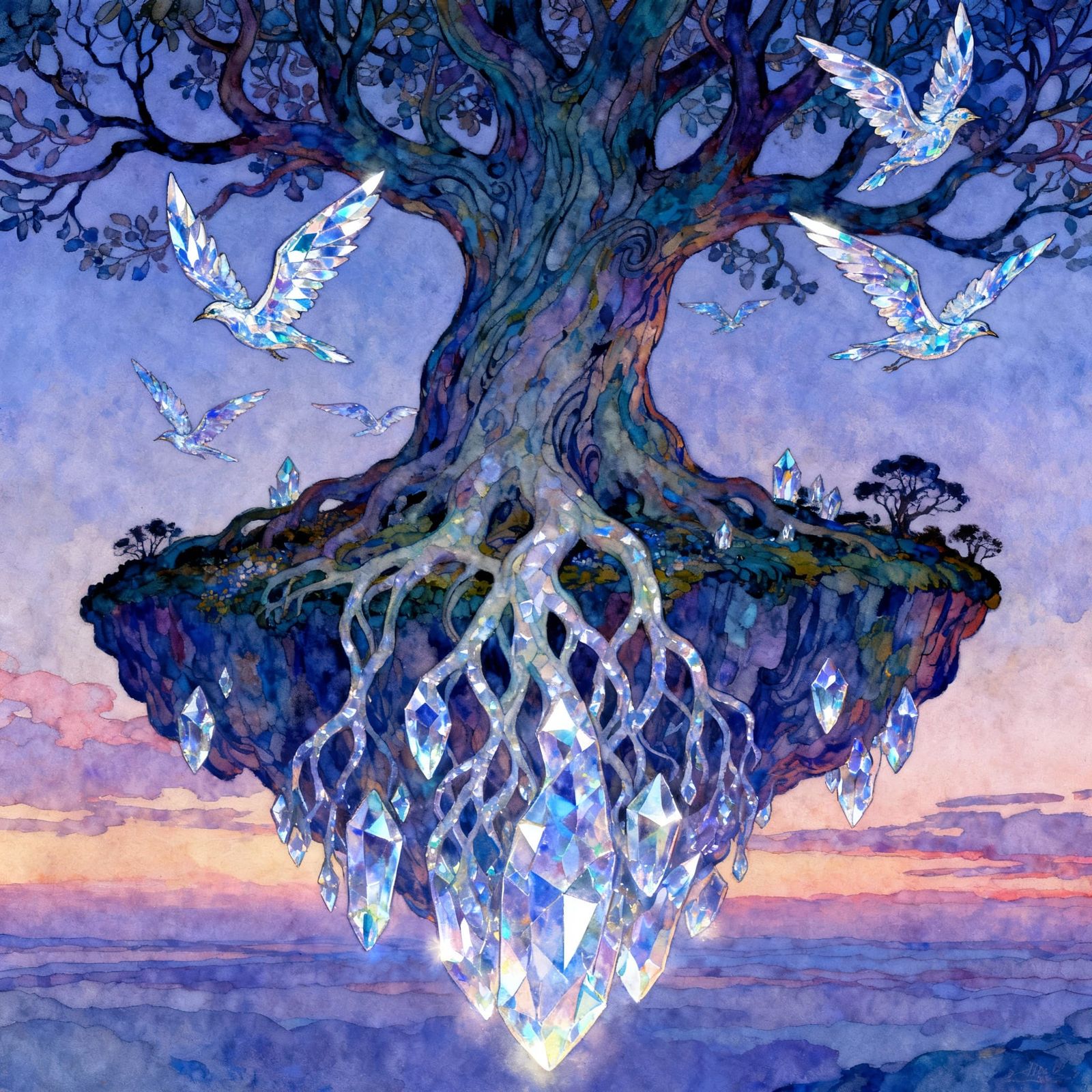 Ancient Quartz Tree Anchors Floating Island in Twilight Sky