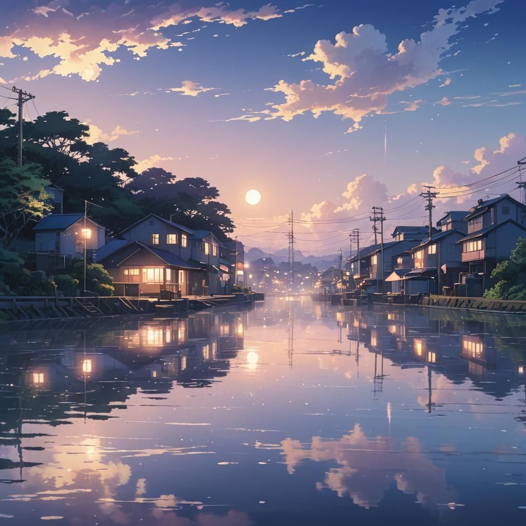 Dreamy Anime Town Reflection in Moonlight